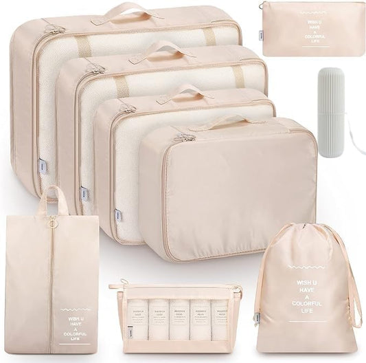 9 Set Packing Cubes for Suitcases, Aydicon Travel Luggage Packing Organizers with Laundry, Toiletry Bag, Compression Storage Shoe Bag, Toothbrush Case, Travel Essentials (Cream)