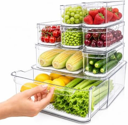 SMRCAD Clear Fridge Bins with Drain Trays - BPA-Free PET, Stackable (8)