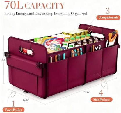titiyiof Trunk Organizer SUV, Car Organizers and Storage, NOT-FLIMSY ANTI-SLIDE 70L Spacious Collapsible Sturdy Trunk Organizer for Grocery/Car Accessories/Women Men's Gift, Wine Red