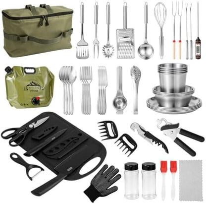 Jorunhe Camping Cooking Utensils Set – Portable Outdoor Cooking Utensils for Camping, RV, Backpacking & BBQ | Complete Camp Kitchen Gear Set with Carry Bag, Grilling Tools & Cooking Accessories