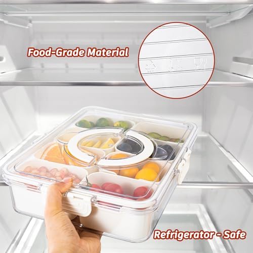 Dingerjar Divided Serving Tray with Lid and Handle - Divided Snack Tray for Portable Snack Platters - Clear Organizer for Candy, Fruits, Nuts, Snacks - Perfect for Party, Entertaining，2 pcs