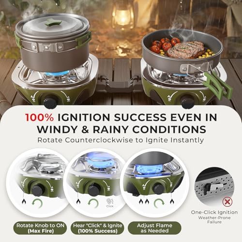 20000 BTU Propane Camping Stove with Cookware Set & Carry Bag Olive