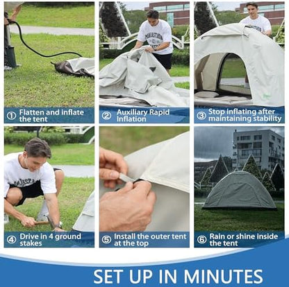New Inflatable Frameless Foldable Tent. 210D Waterproof for Camping. Durable, Portable and Easy to Set up, Ideal for Hiking and Road Trips. with a Large-bore Manual Pump with Pressure Gauge