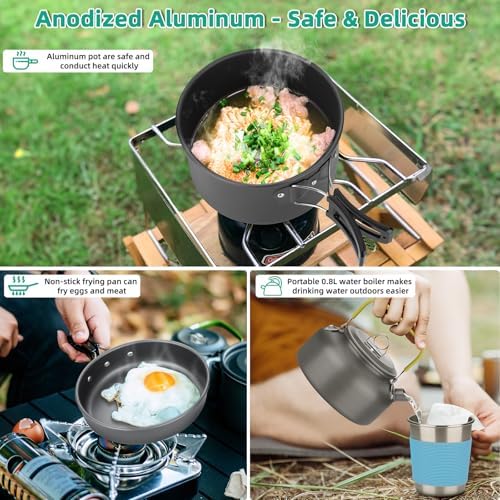 17pcs Camping Cookware Kit, Nonstick Pots Pans and Kettle Set