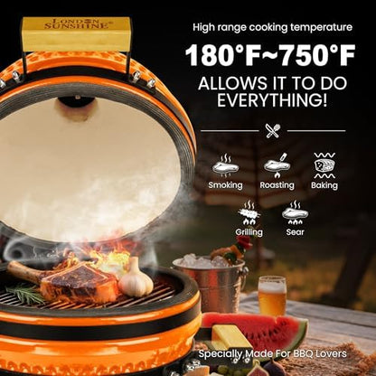 London Sunshine 13-Inch Ceramic Kamado Grill, Waterproof Vent Cap, Orange