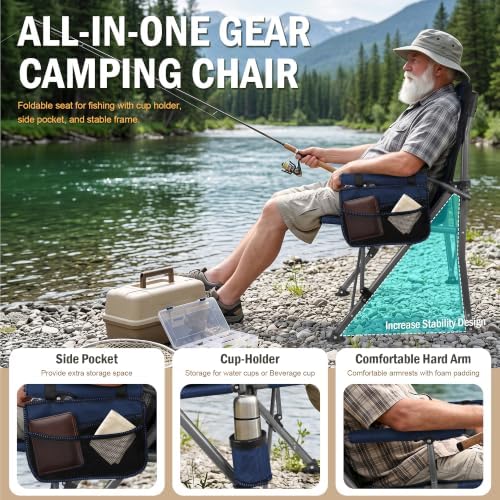 2 Pack Folding Camping Chair with Cup Holder and Storage Bag,Heavy Duty Supports 400 LBS,Portable Outdoor Chair for Camp,Lawns,Travel,Fishing,Blue