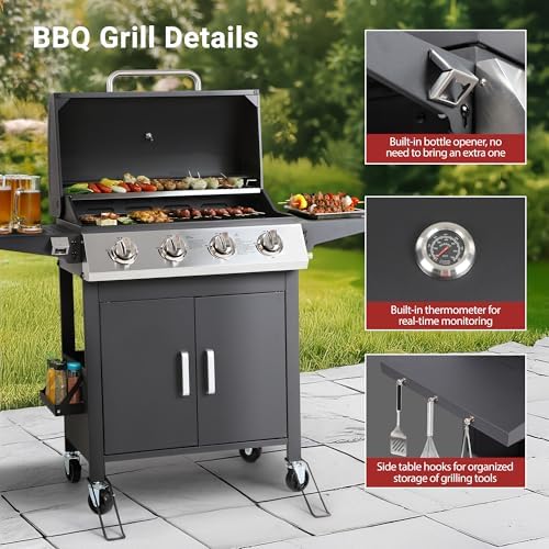 HUGROVE 40,000 BTU Propane Gas Grill, 4 Burner Outdoor BBQ Grill
