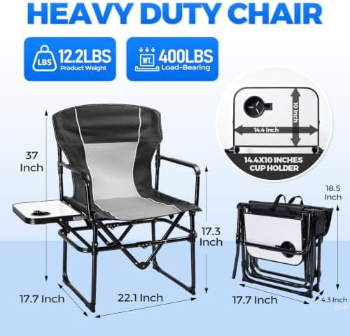2 Pack Camping Chairs with Side Table & Cup Holder 400 lbs