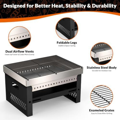 Portable Foldable Charcoal Grill, Small Tabletop Hibachi, Camping BBQ Grill
