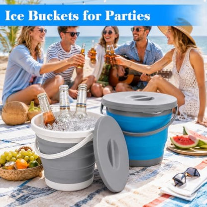 Bekith 2 Pack Collapsible Plastic Bucket with Locking Lid, 5L / 1.32 Gallon Foldable Round Tub Portable Fishing Water Pail for Hiking, Backpacking, Camping and Outdoor Survival (Blue, Gray)