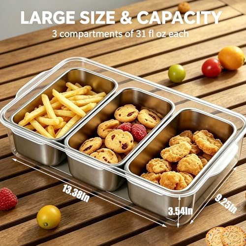 Snackle Box Container, Stainless Steel Divided Serving Tray with Lid and Handle, Large Snack Tray for Fruit Veggie Candy, 3-Compartment Snack Platter for Travel Party Beach Picnic