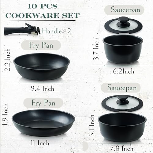 Moss & Stone 10-Piece Nonstick Pots and Pans Set, Removable Handle Cookware