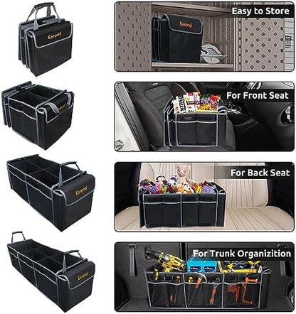 Car Trunk Organizer with Lid,Collapsible Car Storage Organizer with Multi Compartments and Securing Straps for SUV,Sedan,Jeep-Black & Grey