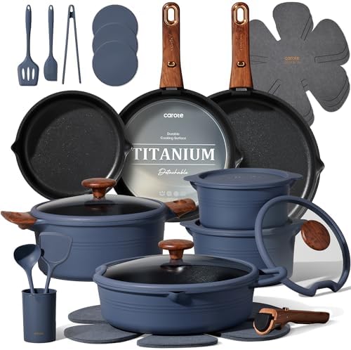 CAROTE 30pcs Titanium Cookware Set, Pots and Pans Set Detachable Handle
