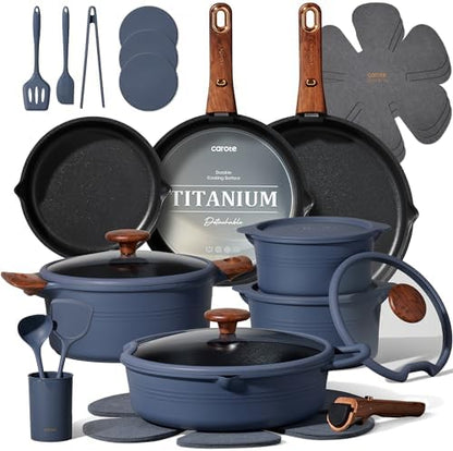 CAROTE 30pcs Titanium Cookware Set, Pots and Pans Set Detachable Handle