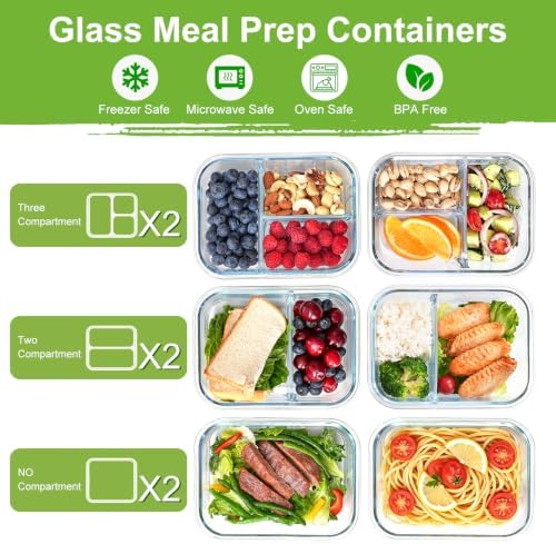 Glass Meal Prep Containers with Dividers, 1 & 2 & 3 Compartments 6 Pack