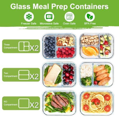 Glass Meal Prep Containers with Dividers, 1 & 2 & 3 Compartments 6 Pack