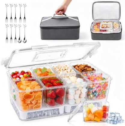 Snackle Box Container Food Grade Clear Plastic, Insulated Cooler Bag, 8 Removable Cups, Divided Serving Tray with Lid Handle Forks Spoons for Picnic Beach Road Trip Party, Ice Pack Not Included