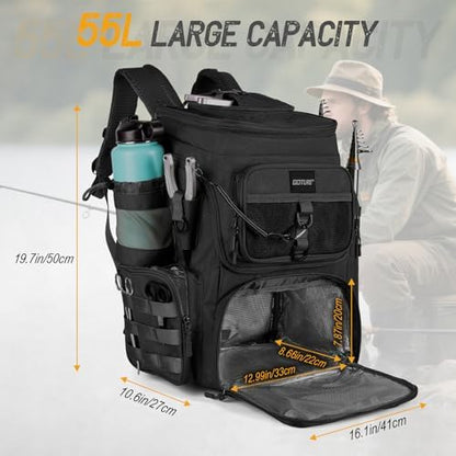 Goture Fishing Backpack with Cooler,55L 900D Tackle Backpack & Rod Holders