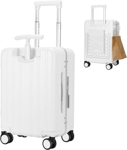 MRPLUM Carry On Luggage Double Handle Suitcase with Net Pocket,Hard Shell Spinner Wheels Luggage with TSA Lock&Seat Belt,20 inch,White