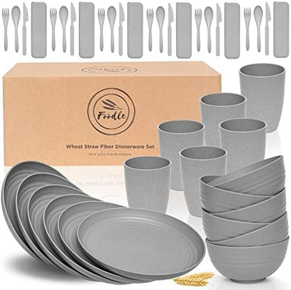 FOODLE Wheat Straw Dinnerware Set - RV, Camping Plates Cups and Bowls Set