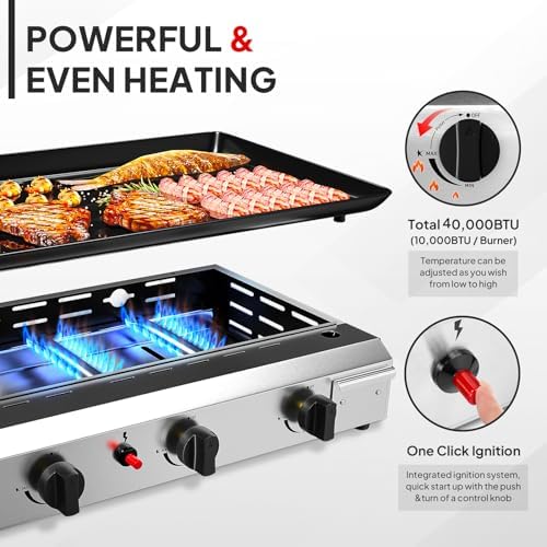ROVSUN 4 Burner Portable Propane Griddle with Electronic Ignition, 40000 BTU Rolling Flat Top Gas Grill with Nonstick Enameled Tray, Side Shelves & Regulator for Outdoor Cooking Camping BBQ Tailgating