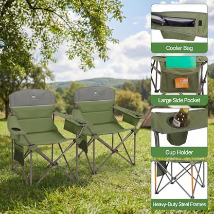 Oversized Camping Chairs 2 Pack - Heavy Duty 400LBS Padded Lawn Chair with Cooler Bag,Cup Holder,Side Pocket,Collapsible for Outdoor,Camp,Fishing & Garden,Olive Green