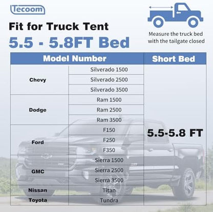 Tecoom Truck Bed Tent, Double Layer Waterproof PU3000mm for 5.5-6.7ft, Portable 1-3 Person Compact Full Size Pickup with Rain Fly for Outdoor, Camping, Road Trip, Beach