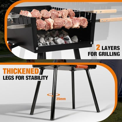 Portable Mangal Grill, Foldable Heavy Duty Charcoal BBQ Grill for Kabob, Kebab and Shashlik, Compact Case Design Tool-Free Assembly Outdoor Grill for Backyard Camping Travel and Hiking