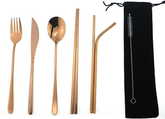 7 Pcs Portable Flatware Set, 304 Stainless Steel Cutlery Set Travel Utensils Set w/Pouch Fork Spoon Chopsticks Straws for Travel Camping Office School, Dishwasher Safe & Eco-Friendly (Rose Gold)