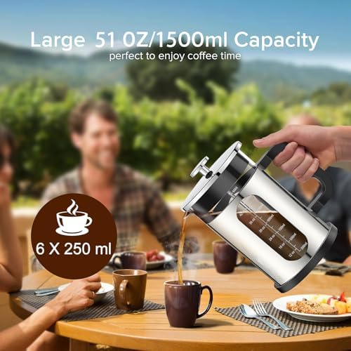 QUQIYSO French Press Coffee Maker 51oz, Stainless Steel Large French Press