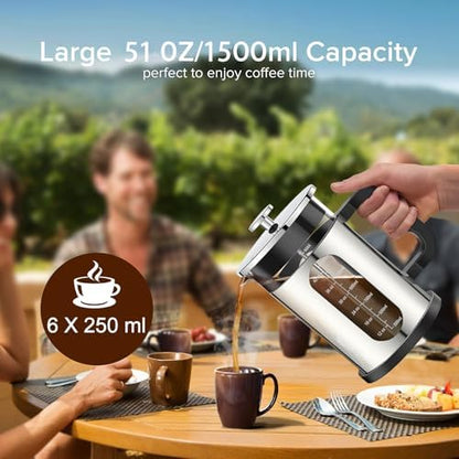 QUQIYSO French Press Coffee Maker 51oz, Stainless Steel Large French Press