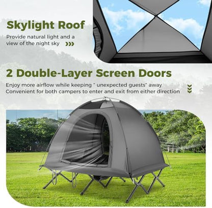 LDAILY 2 Person Tent Cot, Camping Cot Tent Combo with Portable Roller Carry Bag and Waterproof Rainfly, Elevated Tent Camping Bed Combo for Outdoor Camping and Hiking Enthusiasts