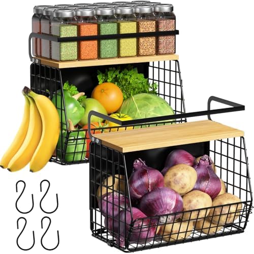 Ofiray-home Magnetic Shelf for Fridge with Wood Lid, Fruit Potato and Onion Storage Bins, Pantry Organizers & Storage, Large Container Magnetic Spice Rack for Refrigerator, Kitchen Counter (Black, 2)