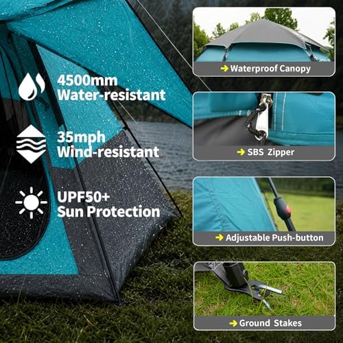 Hewolf 2/3/4 Person Camping Tent - Instant Pop Up Waterproof 2 Doors Tent with Easy Setup | 3-Season Hexagonal Dome Design for Family, Hiking & Traveling