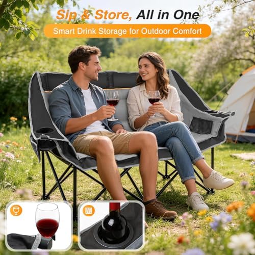 Suteck Double Camping Chair, 660lbs Oversized Camping Couch w/Independent Seats, Folding Camping Loveseat w/2 Cup & Wine Glass Holders, 1200D Oxford, Side Pocket & Carry Bag, for Camping, Lawn, Patio