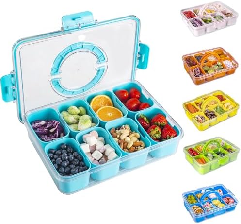 WACOI Divided Snack Serving Tray with Lid and Handle Travel Snackle Charcuterie Container Portable Storage Organizer for Candy, Fruits, Nuts, Snacks, Party, Picnic (1pack, Lake blue)