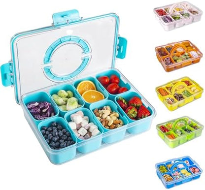 WACOI Divided Snack Serving Tray with Lid and Handle Travel Snackle Charcuterie Container Portable Storage Organizer for Candy, Fruits, Nuts, Snacks, Party, Picnic (1pack, Lake blue)