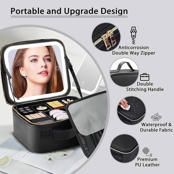 Makeup Bag with Led Mirror,Travel Makeup Organizer with 3 Color Setting & 10X Magnifying Mirror, Portable Storage and Adjustable Dividers Travel Makeup Bag-black