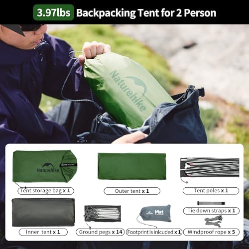 Naturehike Cloud-Up 2 Person Tent Lightweight Backpacking Tent with Footprint - Free Standing Ultralight Camping Hiking Backpack Tents Two Person Tent