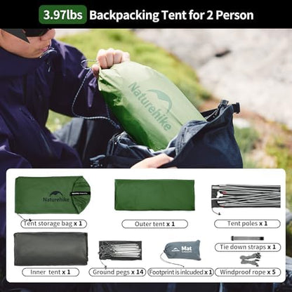 Naturehike Cloud-Up 2 Person Tent Lightweight Backpacking Tent with Footprint - Free Standing Ultralight Camping Hiking Backpack Tents Two Person Tent