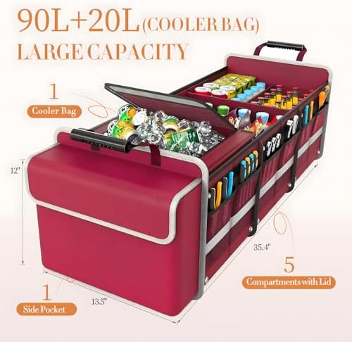 Large Trunk Organizer for SUV with Premium Portable Cooler Bag, Car Organizers and Storage with Foldable Cover, Collapsible Car Trunk Bed Organizer for Truck, 2 Retractable Straps, 90L+20L, Wine Red-C