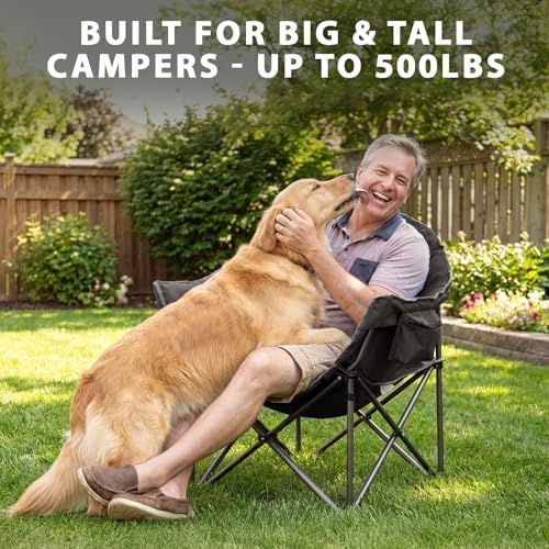 Romswi Oversized XXL Padded Camping Chairs for Adults, 1Pcs 500lbs Heavy Duty Support, 500G Ultra-Thick Cushion Sofa-Like Comfort, Folding Lawn Chair with Cooler Bag & Side Pockets, Black