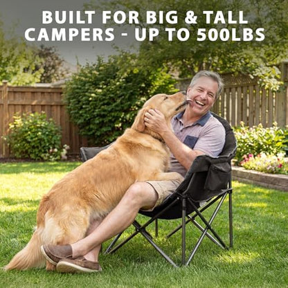 Romswi Oversized XXL Padded Camping Chairs for Adults, 1Pcs 500lbs Heavy Duty Support, 500G Ultra-Thick Cushion Sofa-Like Comfort, Folding Lawn Chair with Cooler Bag & Side Pockets, Black