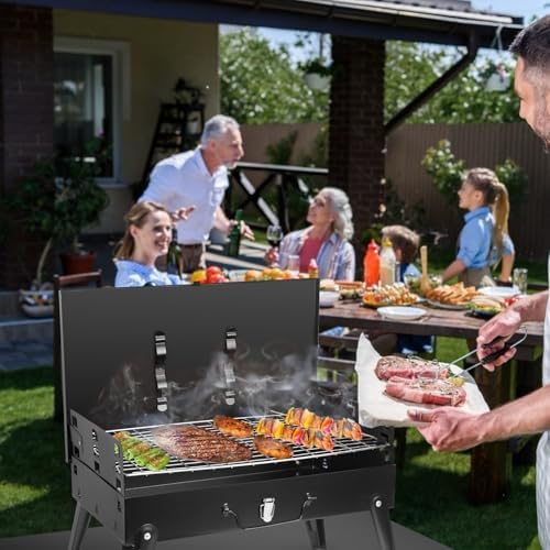 KOCASO Portable Charcoal Grill, Foldable BBQ Suitcase Grill Shelf for Outdoor Camping Picnics Garden Grilling – 16.7x10x17.7 in