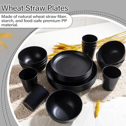 LIYH 24Pcs Black Unbreakable Wheat Straw Dinnerware Set for Kitchen Camping