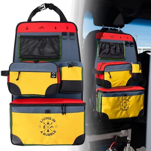 Living in a Bubble Seat back Organizer – Magnetic Toiletry and Cooler Pouch, Cordura Car Backseat Storage with Device Holder & Hooks, Multi-Compartment Utility Bag for Campervans & Family Travel
