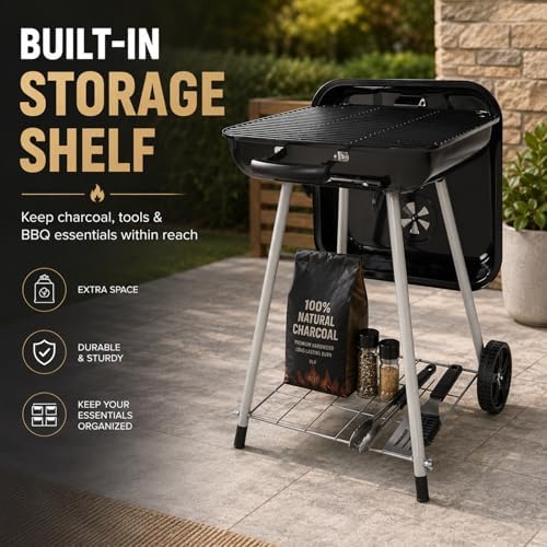 17.5 Inch Square Charcoal Grill with Wheels, Portable Outdoor BBQ Kettle