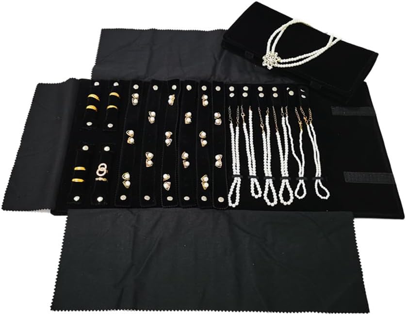 Velvet Travel Jewelry Case Roll Bag Organizer for Necklace Bracelet Earrings Ring (Black) (Black(2+6+6))