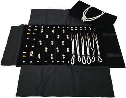 Velvet Travel Jewelry Case Roll Bag Organizer for Necklace Bracelet Earrings Ring (Black) (Black(2+6+6))